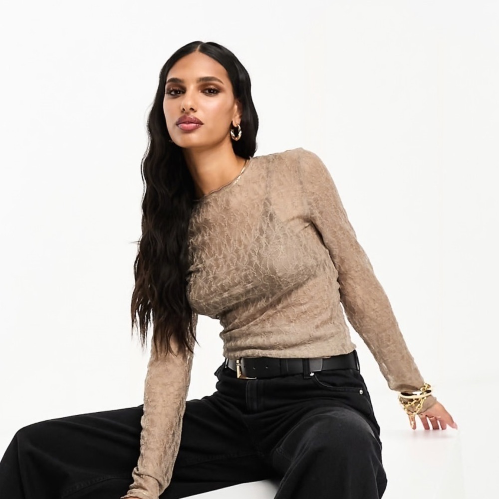 NWT Abercrombie & Fitch‎ lace seamed long sleeve Sheer top brown Size XS Y2K 90s